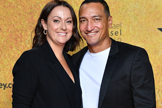 Celeste Barber and Api Robin attends the Australian premiere of Hamilton at Lyric Theatre, Star City on March 27, 2021 in Sydney, Australia.