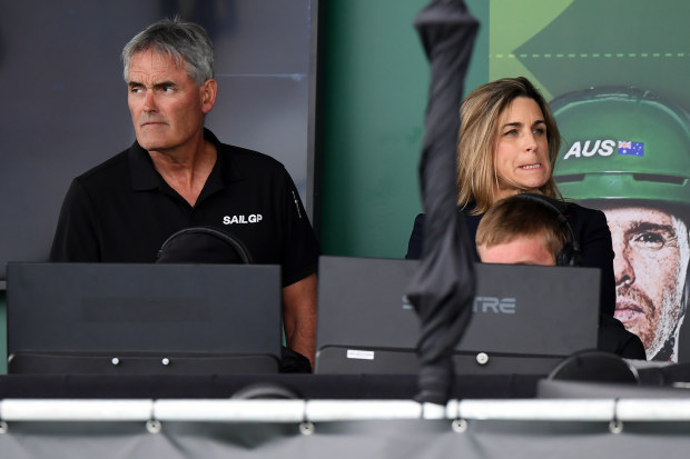 Sail GP CEO Sir Russell Coutts reacts as dolphins on the course prevent racing in Christchurch.