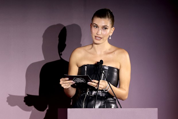 NEW YORK, NEW YORK - OCTOBER 29: Hailey Bieber speaks onstage during the WSJ. Magazine 2025 Innovator Awards at MoMA on October 29, 2025 in New York City.  (Photo by Dimitrios Kambouris/Getty Images for WSJ. Magazine Innovators Awards)