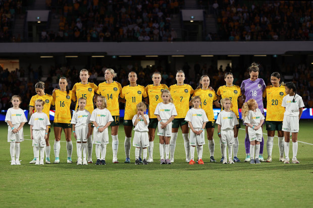 Matildas players before the AFC Women's Asian Olympic qualifier match between Australia and Chinese Taipei in 2023.