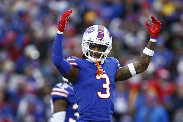 Damar Hamlin of the Buffalo Bills gestures towards the crowd.