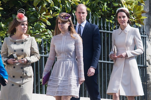 WINDSOR, ENGLAND - APRIL 16:  Catherine, Duchess of Cambridge (R) Prince William, Duke of Cambridge, Princess Beatrice of York (2L) and Princess Eugenie of York (L) attend Easter Day Service at St George's Chapel on April 16, 2017 in Windsor, England.  (Photo by Samir Hussein/Samir Hussein/WireImage)
