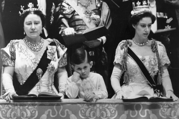 Queen Elizabeth, the Queen Mother, Prince Charles and Princess Margaret in the royal box at Westminster Abbey watching the Coronation ceremony of Queen Elizabeth II.  