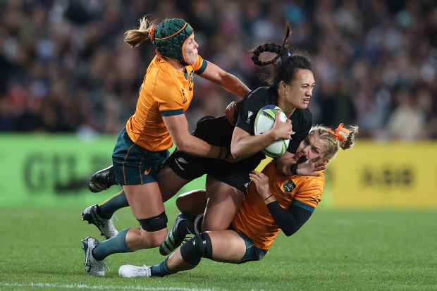 Ruahei Demant of New Zealand is tackled at Eden Park.