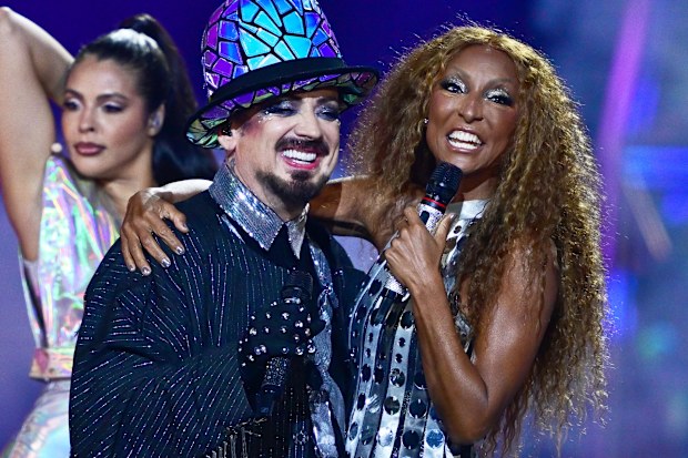 Boy George and SENHIT, who represents San Marino, after their performance during the first semi-final of the Eurovision Song Contest  2026 at Wiener Stadthalle on May 12, 2026 in Vienna, Austria.