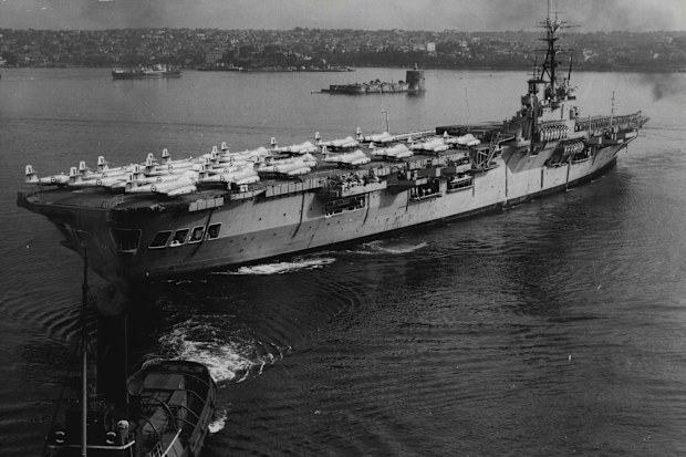 The aircraft carrier HMAS Vengeance. (Photo by Gordon Herbert Short/Fairfax Media).