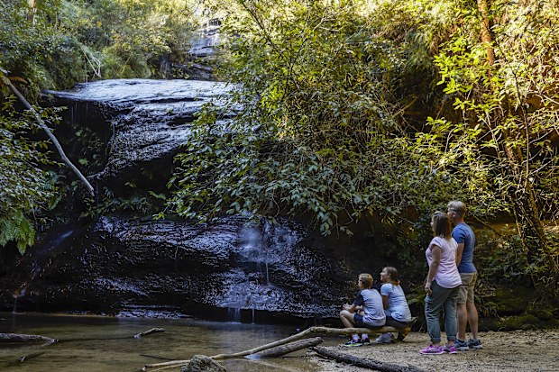 Family enjoying the scenery along the South Lawson Waterfall Circuit in the Blue Mountains.