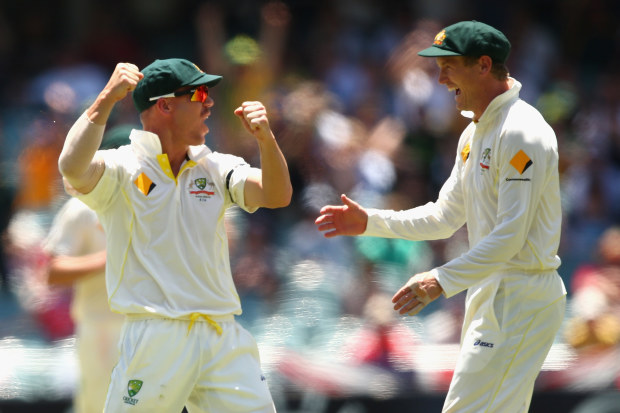 David Warner (L) and George Bailey (R) pictured during day three of the Second Ashes Test match between Australia and England at Adelaide Oval on December 7, 2013 in Adelaide, Australia.