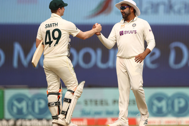 AHMEDABAD, INDIA - MARCH 13: Steve Smith of Australia and Rohit Sharma of India are seen as the match ends in a draw during day five of the Fourth Test match in the series between India and Australia at Narendra Modi Stadium on March 13, 2023 in Ahmedabad, India. (Photo by Robert Cianflone/Getty Images)