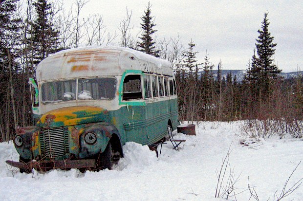 The bus which was home to Christopher McCandless for nearly four months before he was stranded by an impassable river. Stuck, he fell sick and died, likely of starvation, inside the bus in July, 1992.