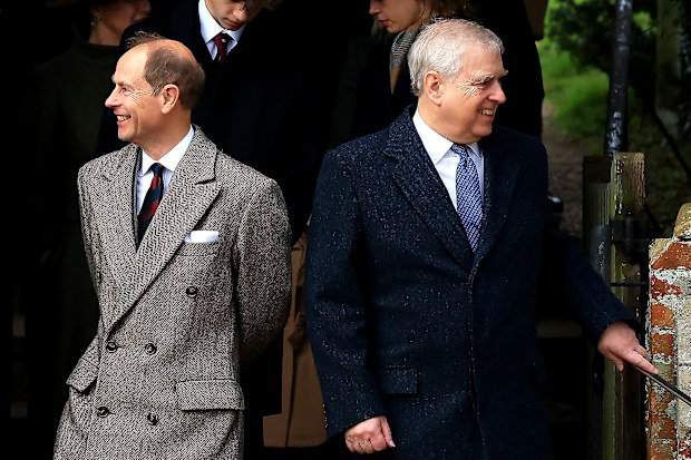 Prince Andrew, Duke of York and Prince Edward, Duke of Edinburgh leave the Christmas Morning Service at Sandringham Church on December 25, 2023 in Sandringham, Norfolk. 