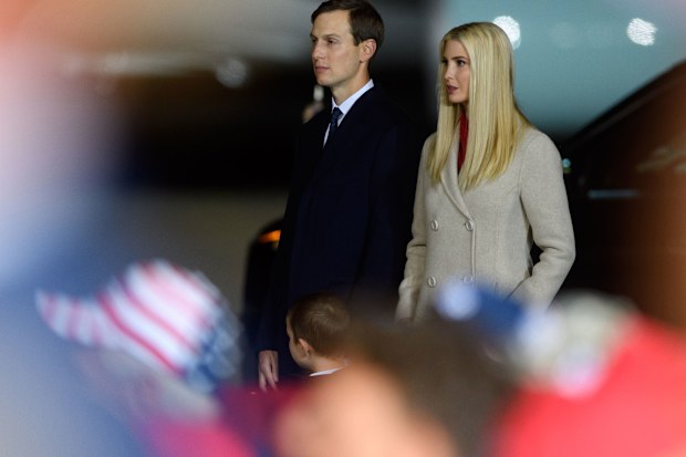 Ivanka Trump and Jared Kushner listen as President Donald Trump speaks at a campaign rally at Atlantic Aviation on September 22, 2020 in Moon Township, Pennsylvania.