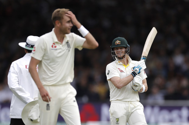 LONDON, ENGLAND - AUGUST 17: Steve Smith of Australia and Stuart Broad of England react during day four of the 2nd Specsavers Ashes Test between England and Australia at Lord's Cricket Ground on August 17, 2019 in London, England. (Photo by Ryan Pierse/Getty Images)