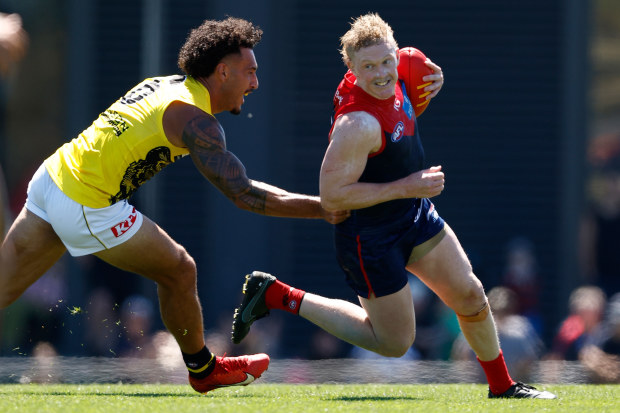 Clayton Oliver in action during match simulation between Melbourne and Richmond at Casey Field.