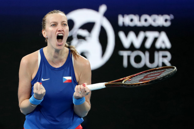 SYDNEY, AUSTRALIA - JANUARY 01: Petra Kvitova of Czech Republic reacts against Laura Siegemund of Germany during day four of the 2023 United Cup at Ken Rosewall Arena on January 01, 2023 in Sydney, Australia. (Photo by Jeremy Ng/Getty Images)