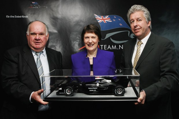 Colin Giltrap (left) with the then-Prime Minister Helen Clark and A1GP chief operating officer David Clare pose during a press conference pictured in 2006.