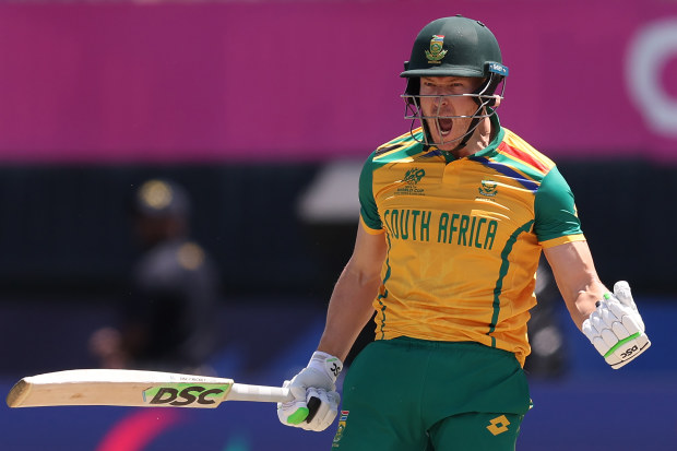 David Miller of South Africa celebrates following the team's victory in the ICC Men's T20 Cricket World Cup West Indies & USA 2024 match between Netherlands  and South Africa at  Nassau County International Cricket Stadium on June 08, 2024 in New York, New York. (Photo by Robert Cianflone/Getty Images)