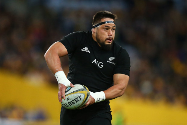 Kane Hames of the All Blacks looks to pass during the Bledisloe Cup.