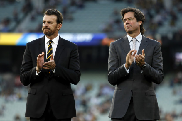 MELBOURNE, AUSTRALIA - MARCH 18: Brendon Gale, Chief Executive Officer of the Richmond Tigers and Gillon McLachlan, Chief Executive Officer of the AFL look on before the 2021 AFL Round 01 match between the Richmond Tigers and the Carlton Blues at the Melbourne Cricket Ground on March 18, 2021 in Melbourne, Australia. (Photo by Dylan Burns/AFL Photos)