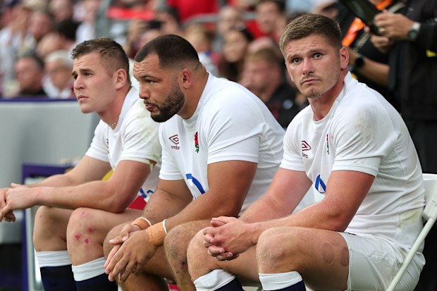 (Right to left) Owen Farrell, the England captain, sits in the sin bin with teammates Ellis Genge and Freddie Steward after they all received yellow cards at Twickenham.