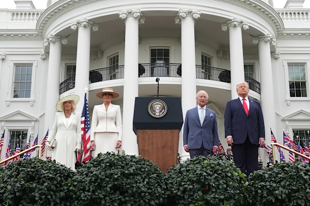 US President Donald Trump, Britain's King Charles III, first lady Melania Trump and Queen Camilla