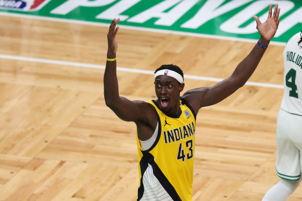 Pascal Siakam of the Indiana Pacers reacts during the fourth quarter.