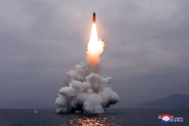 An underwater-launched missile lifts off in the waters off North Korea's eastern coastal town of Wonsan. (Korean Central News Agency/Korea News Service via AP)