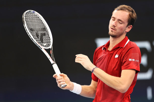 Daniil Medvedev of Russia reacts in his group B match against Ugo Humbert of France.