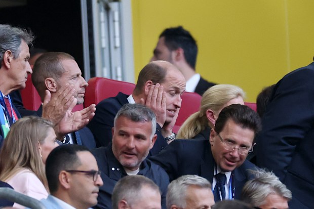 DUSSELDORF, GERMANY - JULY 06: Prince William, Prince of Wales and President of The Football Association, reacts before the penalty shootout during the UEFA EURO 2024 quarter-final match between England and Switzerland at Düsseldorf Arena on July 06, 2024 in Dusseldorf, Germany. (Photo by Carl Recine/Getty Images)