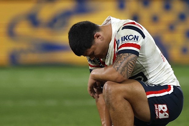 SYDNEY, AUSTRALIA - AUGUST 23: Salesi Foketi of the Roosters reacts after losing the round 25 NRL match between the Parramatta Eels and Sydney Roosters at CommBank Stadium on August 23, 2025, in Sydney, Australia. (Photo by Darrian Traynor/Getty Images)