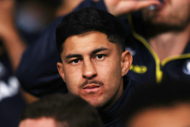 SYDNEY, AUSTRALIA - JULY 08:  Suspended Eels player Dylan Brown looks on during the round 19 NRL match between Parramatta Eels and New Zealand Warriors at CommBank Stadium on July 08, 2023 in Sydney, Australia. (Photo by Matt Blyth/Getty Images)