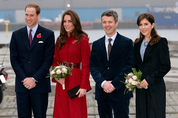 Prince William, Duke of Cambridge (L), Catherine, Duchess of Cambridge (2nd L), Crown Prince Frederik of Denmark (2nd R) and Crown Princess Mary of Denmark (R) arrive for a visit to the UNICEF emergency supply centre on November 2, 2011 in Copenhagen, Denmark.