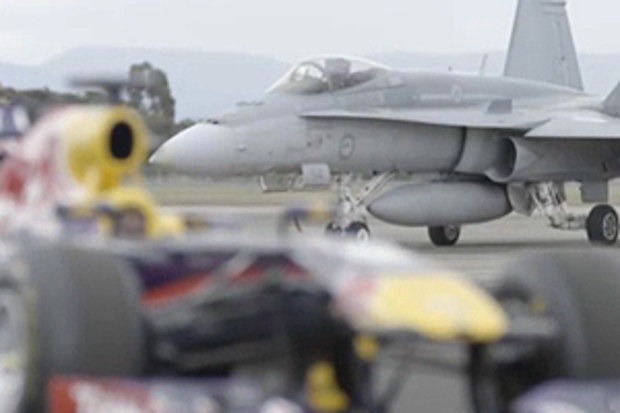 Daniel Ricciardo's Red Bull F1 car and the RAAF Hornet (supplied)