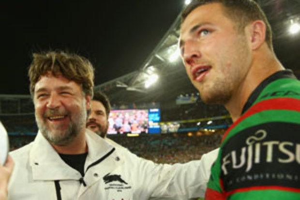 Russell Crowe with Sam Burgess following Souths grand final win over Canterbury. (Getty)