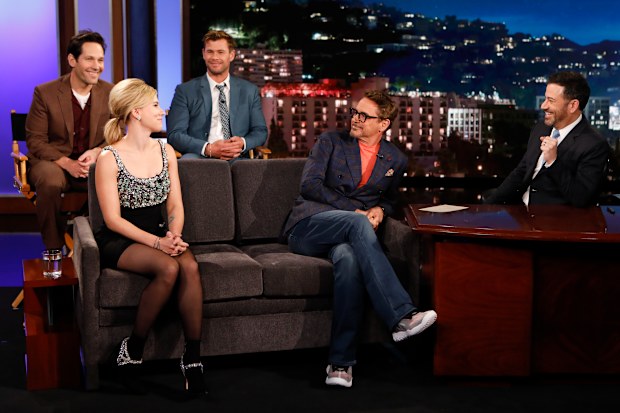 Robert Downey Jr., Scarlett Johansson, Paul Rudd and Chris Hemsworth on the Jimmy Kimmel Live! show.