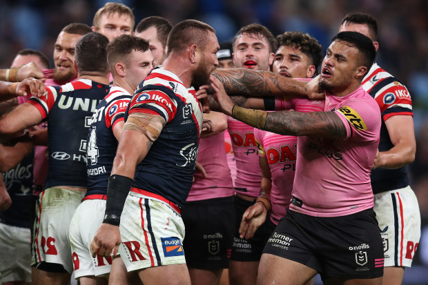Jared Waerea-Hargreaves of the Roosters scuffles with Spencer Leniu of the Panthers.