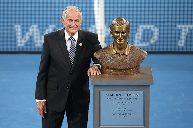 Mal Anderson is honoured during the 2016 Brisbane International at Pat Rafter Arena.
