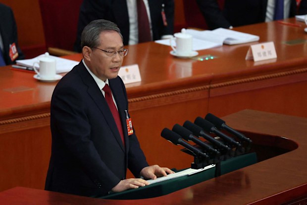 Chinese Premier Li Qiang speaks at the opening session of the National People's Congress (NPC) at the Great Hall of the People in Beijing on March 5.