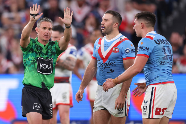 Victor Radley of the Roosters is placed on report and sent to the sin-bin by Referee Adam Gee during the round eight NRL match between Sydney Roosters and St George Illawarra Dragons at Allianz Stadium on April 25, 2023 in Sydney, Australia. (Photo by Mark Kolbe/Getty Images)