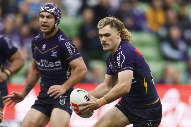 MELBOURNE, AUSTRALIA - AUGUST 26: Ryan Papenhuyzen of the Storm runs with the ball during the round 26 NRL match between Melbourne Storm and Gold Coast Titans at AAMI Park on August 26, 2023 in Melbourne, Australia. (Photo by Daniel Pockett/Getty Images)