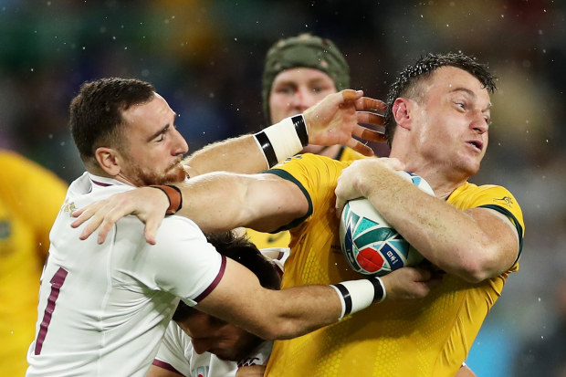 Jack Dempsey of Australia is tackled during the 2019 Rugby World Cup.