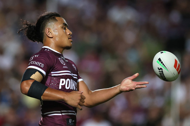SYDNEY, AUSTRALIA - MARCH 16:  Christian Tuipulotu of the Sea Eagles warms up before the round three NRL match between Manly Sea Eagles and Parramatta Eels at 4 Pines Park on March 16, 2023 in Sydney, Australia. (Photo by Cameron Spencer/Getty Images)