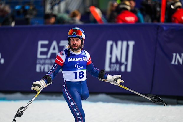 American Patrick Halgren reacts in the finish during the men's para alpine skiing Super-G.