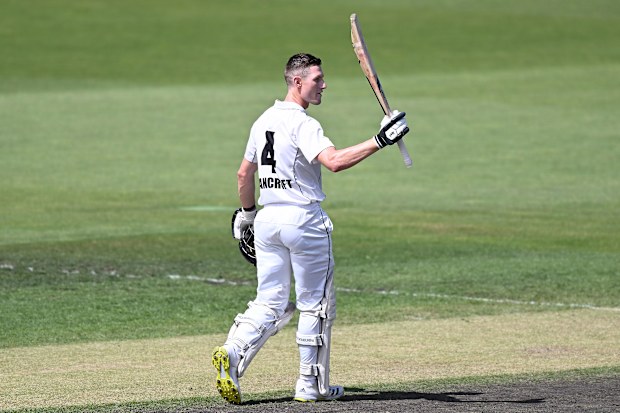 HOBART, AUSTRALIA - FEBRUARY 23: Cameron Bancroft of Western Australia celebrates scoring a century during the Sheffield Shield match between Tasmania and Western Australia at Blundstone Arena, on February 23, 2023, in Hobart, Australia. (Photo by Steve Bell/Getty Images)