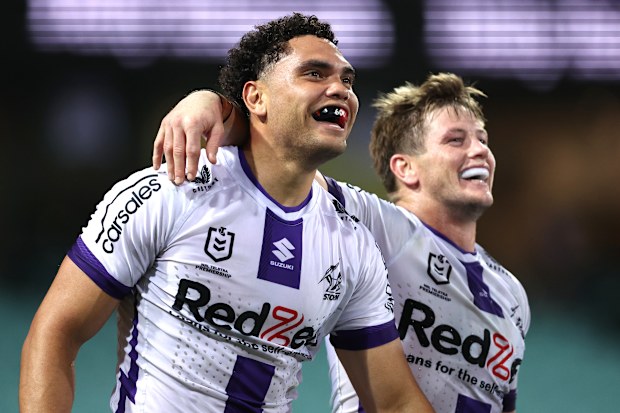 Xavier Coates of the Storm celebrates scoring a try during the round 20 NRL match between Sydney Roosters and Melbourne Storm at Sydney Cricket Ground on July 15, 2023 in Sydney, Australia. (Photo by Jeremy Ng/Getty Images)