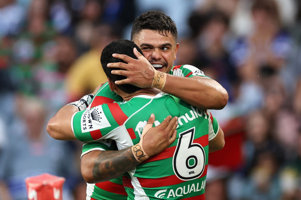 Latrell Mitchell of the Rabbitohs celebrates scoring a try with team mates during the round five NRL match between Canterbury Bulldogs and North Queensland Cowboys at Accor Stadium on April 02, 2023 in Sydney, Australia. (Photo by Cameron Spencer/Getty Images)