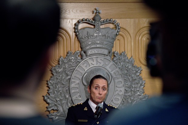 Assistant Commissioner Rhonda Blackmore speaks during a press conference at the Royal Canadian Mounted Police "F" Division headquarters in Regina