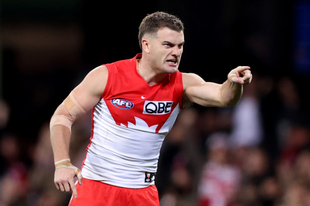 SYDNEY, AUSTRALIA - JULY 13:  Tom Papley of the Swans celebrates a goal during the round 18 AFL match between Sydney Swans and Western Bulldogs at Sydney Cricket Ground, on July 13, 2023, in Sydney, Australia. (Photo by Matt King/AFL Photos/via Getty Images)