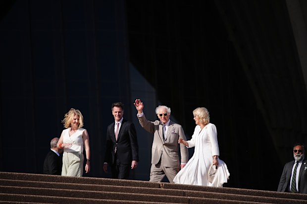 King Charles III and Queen Camilla pose for a photo at the Sydney Opera House with the Sydney Harbour Bridge in the background on October 22, 2024 in Sydney, Australia. 