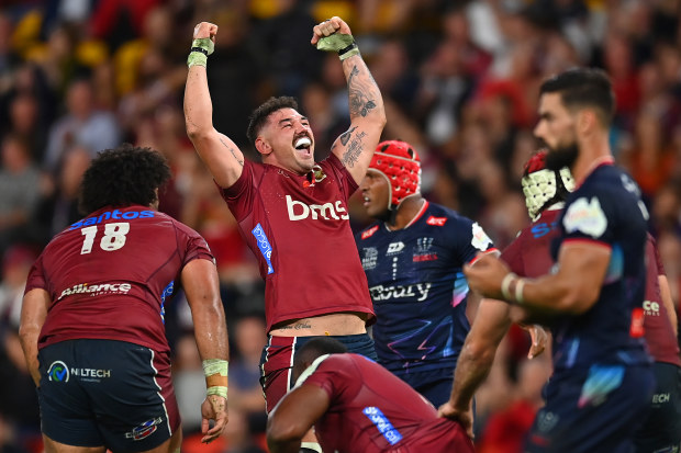 Jeff Toomaga-Allen of the Reds celebrates victory during the round 12 Super Rugby Pacific match between Queensland Reds and Melbourne Rebels.